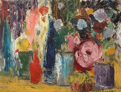 Impressionist Oil on Canvas Still Life of Flowers in Vases - 3900495