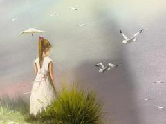 Impressionistic Seascape Oil on Canvas Painting of a Lady and Seagulls - 3307477