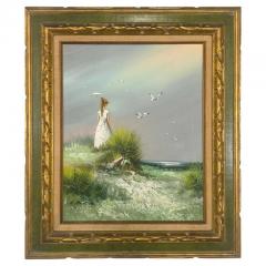 Impressionistic Seascape Oil on Canvas Painting of a Lady and Seagulls - 3307478