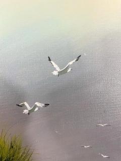 Impressionistic Seascape Oil on Canvas Painting of a Lady and Seagulls - 3307479