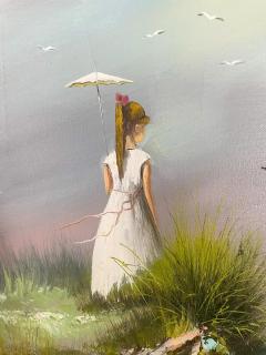 Impressionistic Seascape Oil on Canvas Painting of a Lady and Seagulls - 3307480