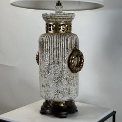 Impressive Crackled Cream and Gilt Glazed Ceramic Lamp with Custom Linen Shade - 4341618