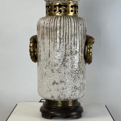 Impressive Crackled Cream and Gilt Glazed Ceramic Lamp with Custom Linen Shade - 4341621