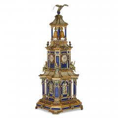 Impressive large antique Austrian enamel silver gilt and lapis lazuli clock set - 3268998