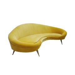 In the Style of Ico Parisi Curved Yellow Cotton Velvet and Brass Italian Sofa - 2042012