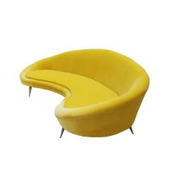 In the Style of Ico Parisi Curved Yellow Cotton Velvet and Brass Italian Sofa - 2042014