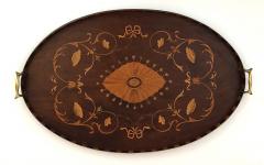 Intricately Inlaid English Victorian Marquetry Oval Tray with Brass Handles - 1499133