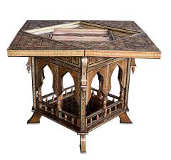 Intricately Inlaid Moorish Square Game Table with Pivoting Handkerchief Top - 3121305