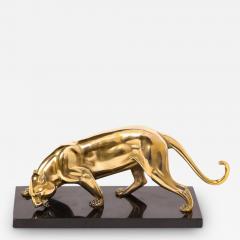 Ir n e Rochard French Art Deco Drinking Panter Sculpture on Black Marble Base Signed Rochard - 2812950