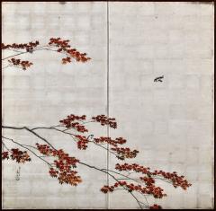 Isobe Hyakurin 1895 Meiji Japanese Screen Pair Cherry Blossoms Autumn Maples on Silver Leaf - 4388048