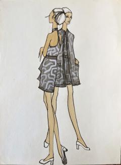 Issey Miyake Fashion Illustration with Two Leggy Models in Monochromatic Greys - 3186300