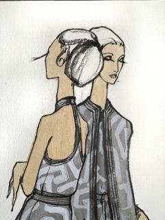 Issey Miyake Fashion Illustration with Two Leggy Models in Monochromatic Greys - 3186301