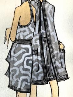 Issey Miyake Fashion Illustration with Two Leggy Models in Monochromatic Greys - 3186304