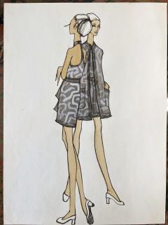 Issey Miyake Fashion Illustration with Two Leggy Models in Monochromatic Greys - 3186309