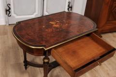 Italian 1890s Walnut Mahogany and Brass Side Table with Floral Marquetry D cor - 3588056