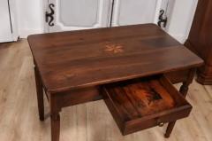 Italian 1890s Walnut Side Table with Elm Marquetry Star Drawer and Turned Legs - 3592553