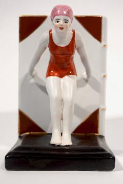 Italian 1930 Art Deco Ceramic Female Diving Figure in Red Bathing Suit Bookends - 4324445