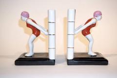 Italian 1930 Art Deco Ceramic Female Diving Figure in Red Bathing Suit Bookends - 4324446