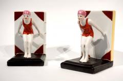 Italian 1930 Art Deco Ceramic Female Diving Figure in Red Bathing Suit Bookends - 4324451