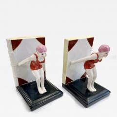 Italian 1930 Art Deco Ceramic Female Diving Figure in Red Bathing Suit Bookends - 4326348