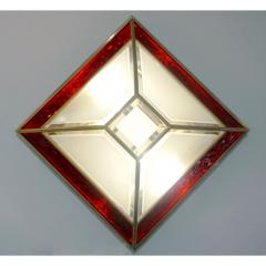 Italian 1950s Art Deco Style Pair of Red White Frosted Glass Sconces Flushmounts - 1093390