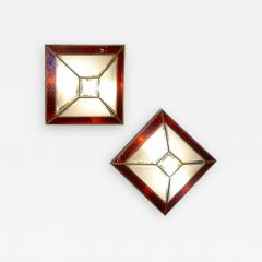 Italian 1950s Art Deco Style Pair of Red White Frosted Glass Sconces Flushmounts - 1093483