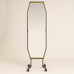 Italian 1960s black metal free standing mirror on wheels - 1759721