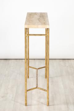 Italian 1970s Gilded Iron and Travertine Console Table - 3757004