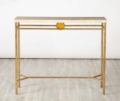 Italian 1970s Gilded Iron and Travertine Console Table - 3757005