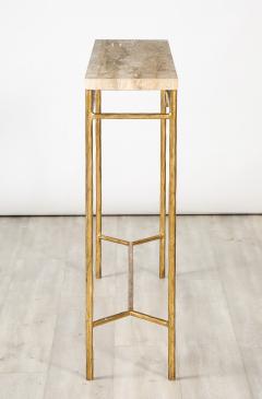 Italian 1970s Gilded Iron and Travertine Console Table - 3757007