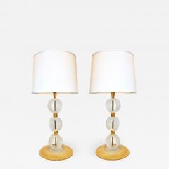Italian 1970s Vintage Curved Pair of Brass White Amber Gold Murano Glass Lamps - 1059962