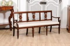 Italian 19th Century Walnut Three Seater Bench with Carved Splats and Upholstery - 3588057