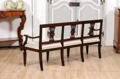 Italian 19th Century Walnut Three Seater Bench with Carved Splats and Upholstery - 3588146