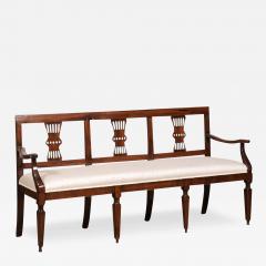 Italian 19th Century Walnut Three Seater Bench with Carved Splats and Upholstery - 3592824