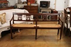 Italian 19th Walnut Bench with Carved Splats Rush Seat and Tapered Legs - 3602077