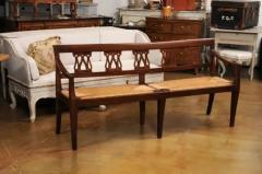 Italian 19th Walnut Bench with Carved Splats Rush Seat and Tapered Legs - 3602080