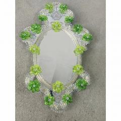 Italian 2000s Oval Green Floreal Hand Carving Mirror in Murano Glass Style - 4567098
