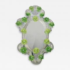 Italian 2000s Oval Green Floreal Hand Carving Mirror in Murano Glass Style - 4569874