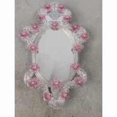 Italian 2000s Oval Pink Floreal Hand Carving Mirror in Murano Glass Style - 4567091