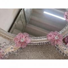 Italian 2000s Oval Pink Floreal Hand Carving Mirror in Murano Glass Style - 4567092
