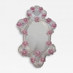 Italian 2000s Oval Pink Floreal Hand Carving Mirror in Murano Glass Style - 4569870