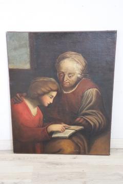 Italian Antique Oil Painting on Canvas Old Woman with Girl - 2750597