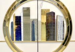 Italian Bespoke Modern Ivory Cabinets with Blue Gold Brass New York City Outline - 4131915
