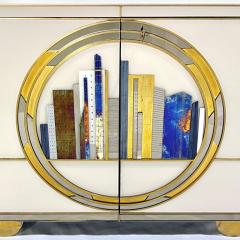 Italian Bespoke Modern Ivory Cabinets with Blue Gold Brass New York City Outline - 4131917