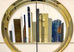 Italian Bespoke Modern Ivory Cabinets with Blue Gold Brass New York City Outline - 4131920