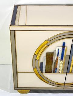 Italian Bespoke Modern Ivory Cabinets with Blue Gold Brass New York City Outline - 4131922