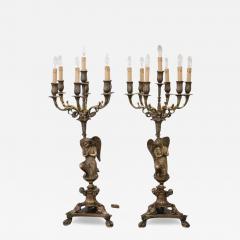 Italian Bronze Pair of Antique Candelabras or Table Lamps with Seven Lights - 3898062