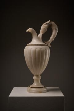 Italian Carved Alabaster Urn Table Lamp with Fish Handle 1940s - 4510895