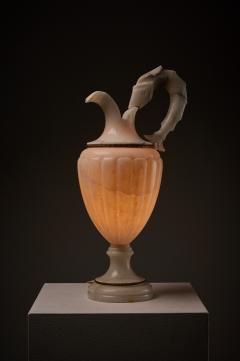 Italian Carved Alabaster Urn Table Lamp with Fish Handle 1940s - 4510899