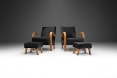Italian Cherry Wood Lounge Chairs with Foot Stools in Dark Cowhide Italy 1950s - 3457193